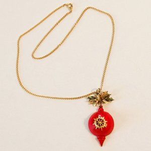 1960s Unsigned ART Red Enamel and Gold Tone Christmas Ornament and Holly Pendant